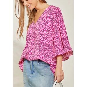 Flowy Pink Floral V-Neck Blouse